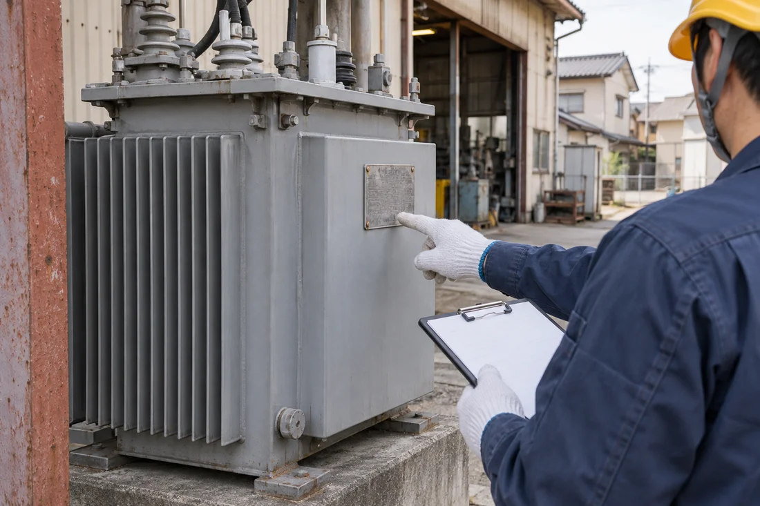 古い電気設備の銘板を確認する担当者